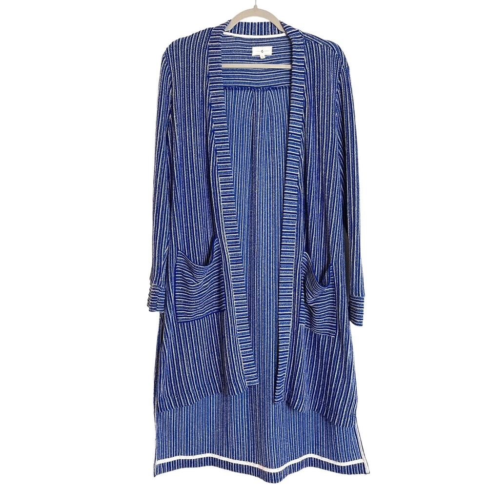 Lou & Grey Duster Cardigan Kimono Sweater Size Medium Blue White Striped Coastal